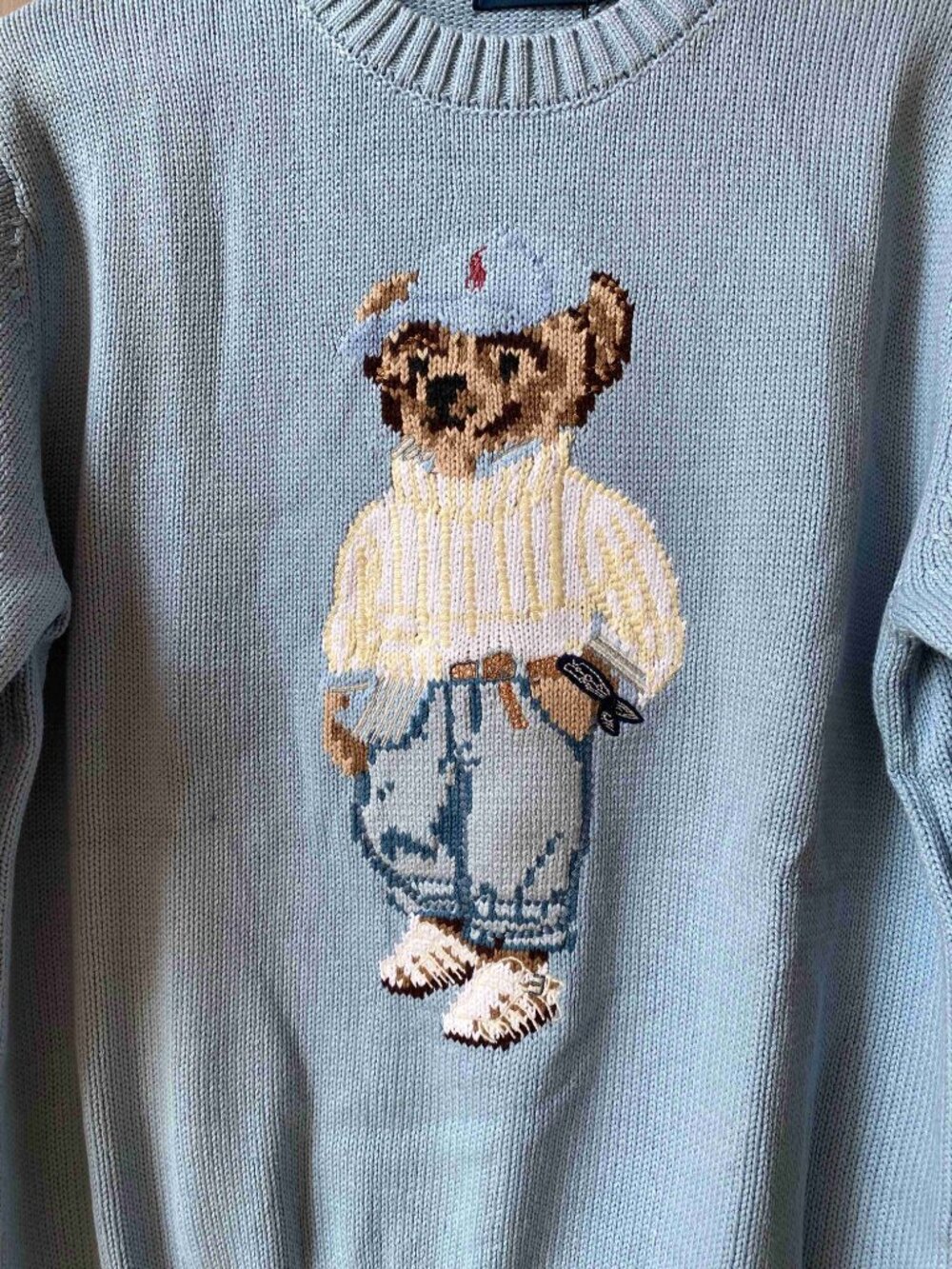 Polo Ralph Lauren Light Blue Preppy Bear Intarsia Crewneck Cotton Knit Sweater - Picture 2 of 7